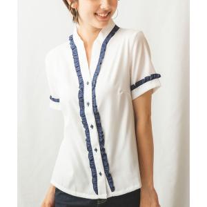 シャツ ブラウス バイカラーフリル半袖シャツ