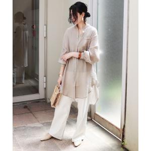 シャツ ブラウス シアー長袖オーバーサイズバンドカラーシャツブラウス