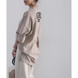 tシャツ ロング丈GINOバックプリント クルーネックビッグTシャツ(半端袖) レディース