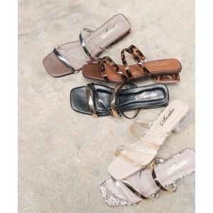 サンダル クリアヒール×PVC素材のメニーストラップローヒールサンダル