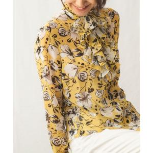 シャツ ブラウス フラワーシフォンプリントスタンドフリル長袖ブラウス