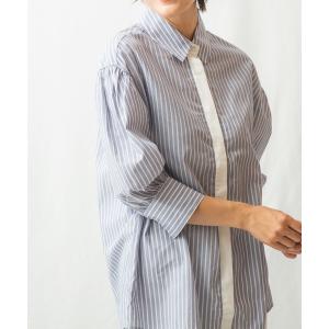 シャツ ブラウス アイレットストライプドロップショルダーギャザースリーブシャツ