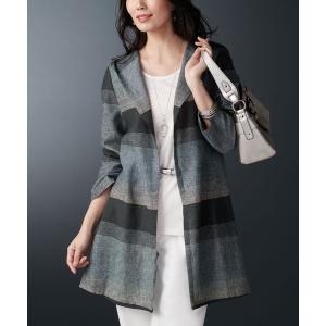 ジャケット ノーカラージャケット 麻混先染ボーダーフードジャケット