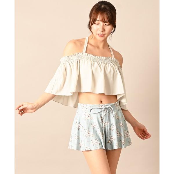 水着 3点セットレトロフラワー柄シャーリングフレアブラビキニ水着 レディース