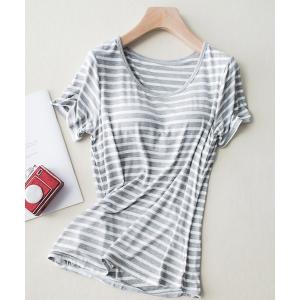 tシャツ 半袖 モールドカップ付きボーダー Uネック 半袖Tシャツ レディース