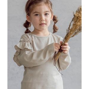 tシャツ Tシャツ 【ふんわりワッフル】【かぞくおそろい】選べる肩フリル長袖Tシャツ