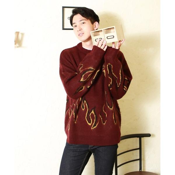 セーター ニット モヘアタッチ起毛 オーバーサイズ ファイヤー柄クルーネックニットセーター メンズ ...