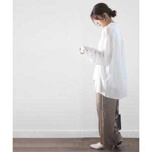 シャツ ブラウス とろみ素材ロング丈レギュラーカラー無地ミドル丈シャツ(長袖)