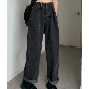 ジーンズ デニム デニムパンツ レディース ハイウエスト＆タックのルーズデニムパンツ ワイド レディース