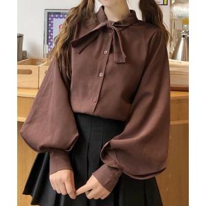 シャツ ブラウス レディースぽわん袖ボウタイ風ネックリボントップス