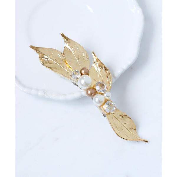 ヘアクリップ パール×ビジューのリーフバレッタ