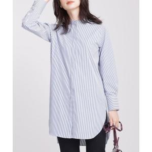シャツ ブラウス スタンドカラーロングシャツ