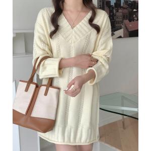 ワンピース レディース Vネックワイドリブニット　チュニックワンピース