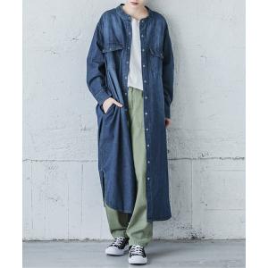 ワンピース ノーカラーデニムロングシャツ レディース