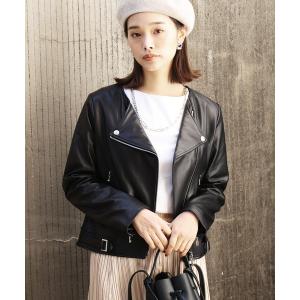 ジャケット ライダースジャケット ラムレザーノーカラーダブルライダース