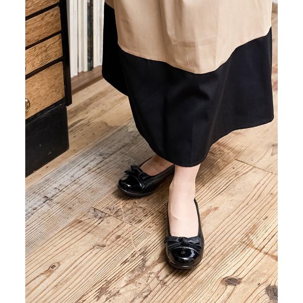 パンプス リアルレザー ラウンドトゥリボン付きやわらかパンプス