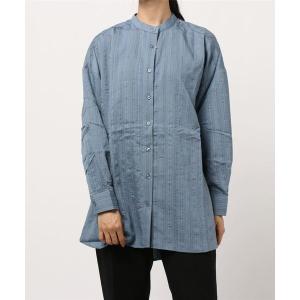 シャツ ブラウス ストライプノーカラーシャツ