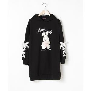ワンピース 裏毛 ラビットプリント袖レースアップパーカーワンピース