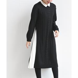 ワンピース サイドプリーツケーブルニットワンピース