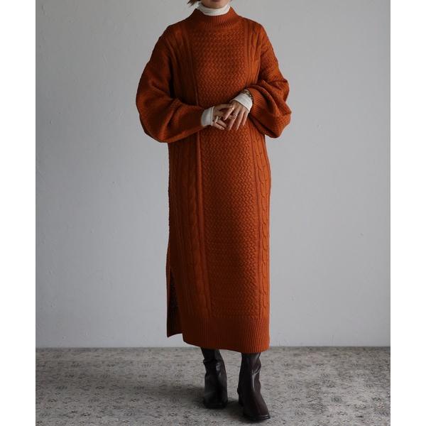 ワンピース 「Fizz/フィズ」　ボリュームスリーブ　ハイネックケーブルニットワンピース