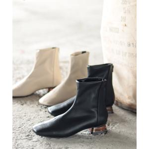 ブーツ クリアヒールのスクエアトゥストレッチショートブーツミドルブーツ