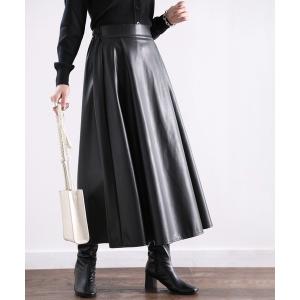 スカート フェイクレザーロング丈無地フレアスカート(ウエストゴム)