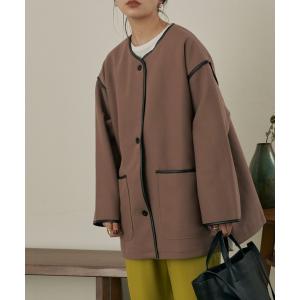 パイピングノーカラーショートコート / 裏中綿キルティング レディース