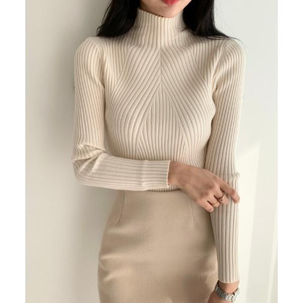 ニット セーター リブ ダイヤパターン タートルネック ニット レディース