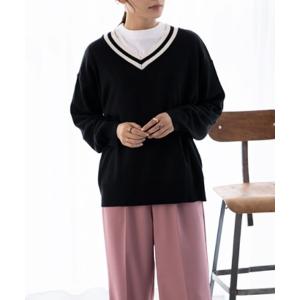 ニット セーター Ｖネックライン使いニットプルオーバー レディース