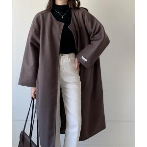 レディース ボリュームノーカラーロングコート