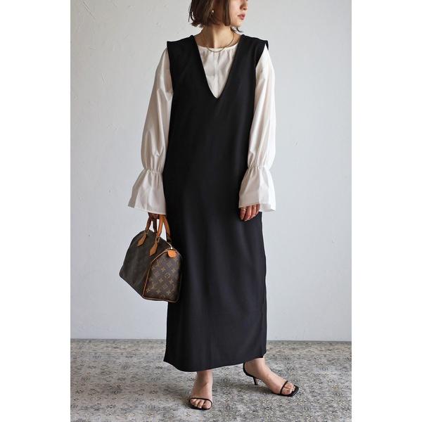 ジャンパースカート Vネックロングジャンスカ/ポケット付き