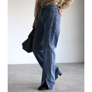 ジーンズ デニム デニムパンツ 「apretro」スリットデニムパンツ「セミフレア/ベルボトム」 レディース