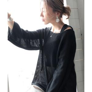 ニット 大人の抜け感。涼し気、透かし編み長袖サマーメッシュニット。