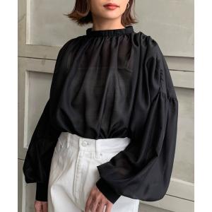シャツ ブラウス バルーンスリーブスタンドカラーシアーギャザーブラウス レディース