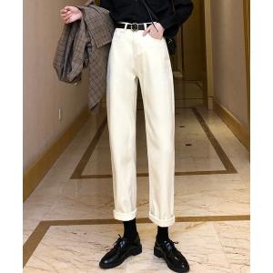 パンツ 裏起毛あり/なし ハイウエストカジュアルコットンパンツ