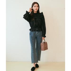 パンツ デニム ジーンズ ラインカットオフハイウエストデニムパンツ レディース