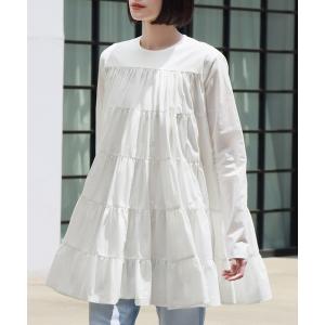 ブラウス シャツ 「綿100％使用」フレアシルエットティアードコットンチュニックブラウス レディース