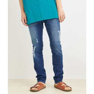 パンツ デニム ジーンズ スーパーストレッチテーパードスキニーデニムパンツ/ウォッシュ/ダメージ加工