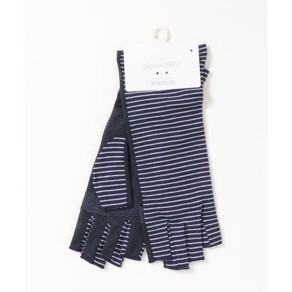 手袋 ボーダーUVケア手袋ショート指切 レディース