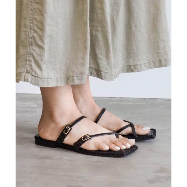 サンダル ステッチモチーフトングストラップサンダル レディース