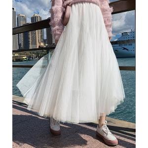 スカート 「裏地付き」ふんわりシフォンのシアーチュールスカート ロング フレア レディース