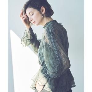 シャツ ブラウス シャーリングネック　レースデザインブラウス