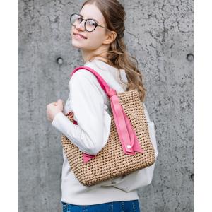 バッグ カゴバッグ カシュカシュ cachecache / コンビカラー下がりリボン手編みトートバッグ