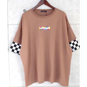 tシャツ Tシャツ ビッグシルエットブロックチェック切替5分袖カットソー Tシャツ