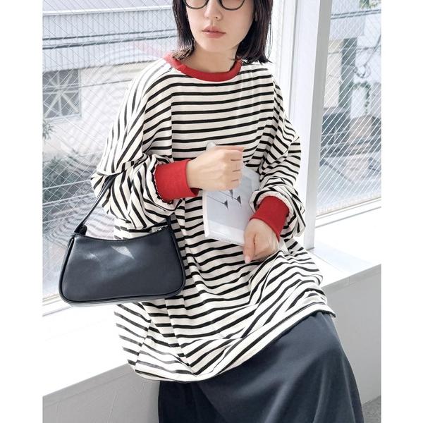 tシャツ 「累計販売99，351枚突破！」ゆったり体型カバー！ボーダー＆無地オーバーサイズプルオーバ...