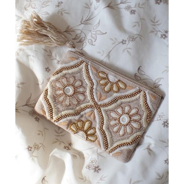 ポーチ 「 antique andico / アンティーク アンディコ 」 ビーズ 刺繍 ミニフラッ...