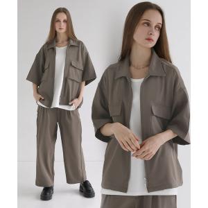 セットアップ 「セットアップ 2点セット」ポリトロストレッチドレープリラクシング半袖ビッグポケットジップシャツ+ワイドパンツ メンズ レディース