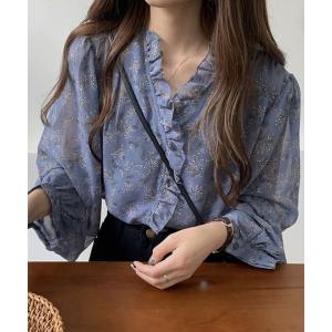 ブラウス シャツ フリル花柄ブラウス レディース