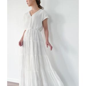 ワンピース Vネックシャーリングプリーツティアードワンピース
