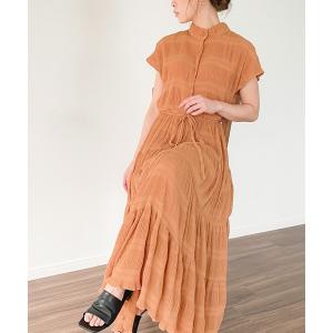 ワンピース スタンドカラーシャーリングプリーツティアードワンピース